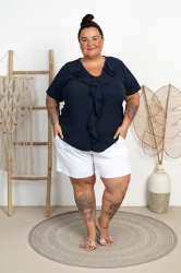 Bluzka z żabotem ADNA granatowa Plus Size 46/52