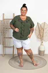 Bluzka z żabotem ADNA khaki Plus Size 46/52