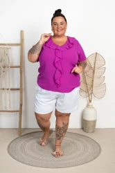 Bluzka z żabotem ADNA fioletowa Plus Size 46/52