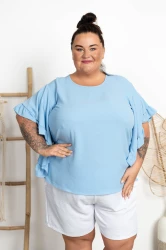 Bluzka z falbaniastym rękawem KONSTANS błękitna Plus Size 48/54