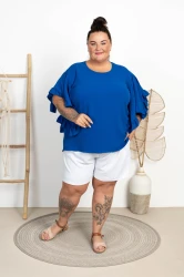 Bluzka z falbaniastym rękawem KONSTANS chaber Plus Size 48/54