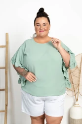 Bluzka z falbaniastym rękawem KONSTANS szałwia Plus Size 48/54