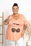 Tunika trapezowa Dekolt V ALLEGRE Wisienki brzoskwiniowa Plus Size 50/56