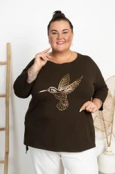 Bluzka z dłuższym tyłem DARIELA Koliber czekoladowa Plus Size 48/54