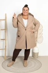 Flauszowy Płaszczyk z kapturem OLIMPIA beżowy Plus Size 48/54