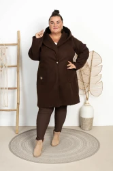 Flauszowy Płaszczyk z kapturem OLIMPIA czekoladowy Plus Size 48/54 