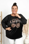 Bluza Welurowa z troczkiem BETTY Wisienki czarna Plus Size 50-58