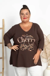 Tunika trapezowa Dekolt V LALI Wisienki czekoladowa Plus Size 48/54
