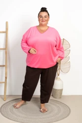 Bluza Welurowa ze ściągaczem V-Neck COSMO róż neo Plus Size 50-58