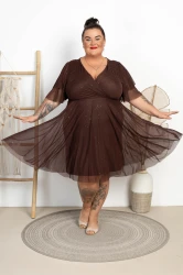 Sukienka siateczkowa z Brokatem LOVITA czekoladowa Plus Size 46/54