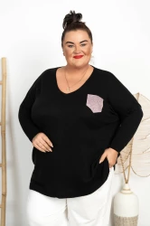 Sweterek z Cekinową Kieszonką KUBANA czarny Plus Size 46/52 