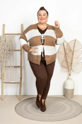 Sweterek wiązany LENO Pasy camel-białe Plus Size 44/52