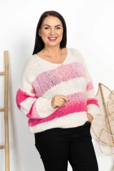 Sweter w Pasy MIRROR biały-róż Plus Size 44/52
