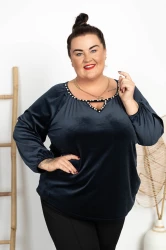 Welurowa Bluzka z Perełkami SIMONE granatowa Plus Size 46/54