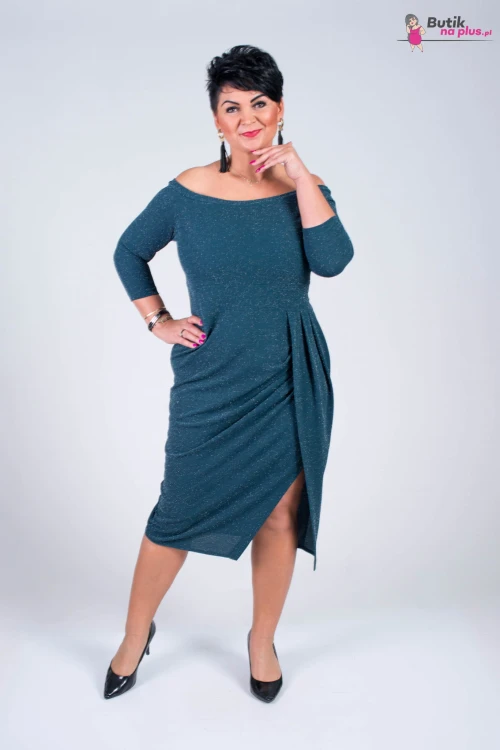 Wyszczuplająca Asymetryczna Sukienka FERRARA morska z kopertowym dekoltem Plus Size 44-52