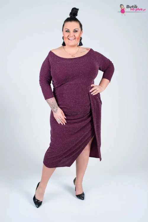 Wyszczuplająca Asymetryczna Sukienka FERRARA fioletowa z rozporkiem Plus Size 44-52