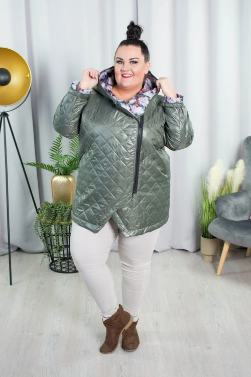Wiosenna Kurtka z kwiecistym wnętrzem NENSI khaki Plus Size 44-54
