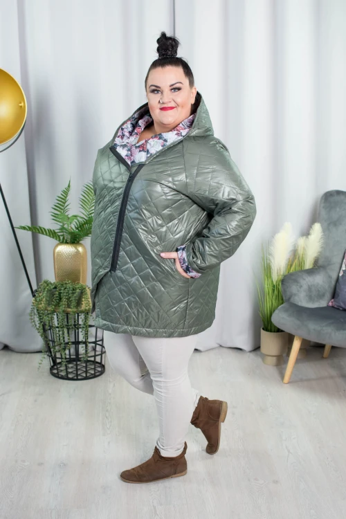 Wiosenna Kurtka z kwiecistym wnętrzem NENSI khaki Plus Size 44-54