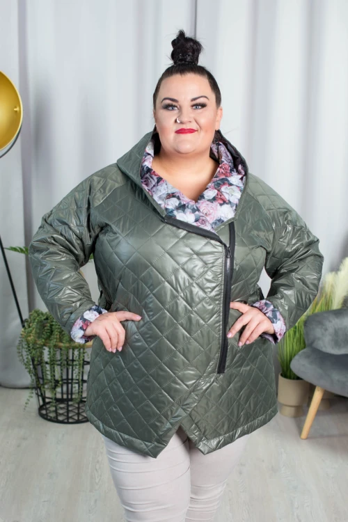 Wiosenna Kurtka z kwiecistym wnętrzem NENSI khaki Plus Size 44-54