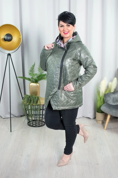 Wiosenna Kurtka z kwiecistym wnętrzem NENSI khaki Plus Size 44-54