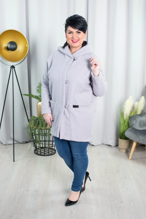 Wiosenny Płaszcz Oversize z Bukli siwy Plus Size 44-56