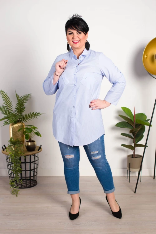 Długa Koszula z guzikami na plecach JOY granatowa wzorek Plus Size 46-52