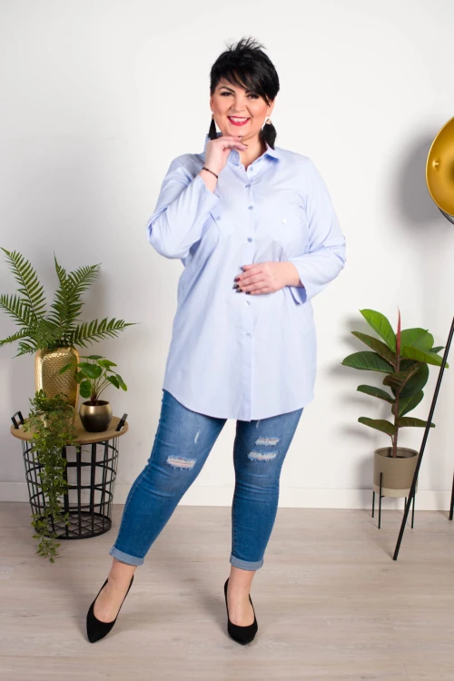 Długa Koszula z guzikami na plecach JOY granatowa wzorek Plus Size 46-52