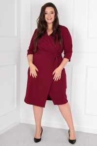 Wizytowa Sukienka z założeniem kopertowym i paskiem BRENDA bordo Plus Size 44-52