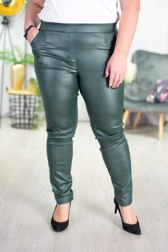 Spodnie EkoSkóra w gumę woskowane zielona butelka Plus Size 46 48 50 52 54 56 58