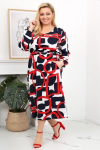 Sukienka za kolano BETANY czerwone wzory geometryczne Plus Size 44-52