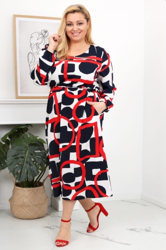 Sukienka za kolano BETANY czerwone wzory geometryczne Plus Size 44 46 48 50 52