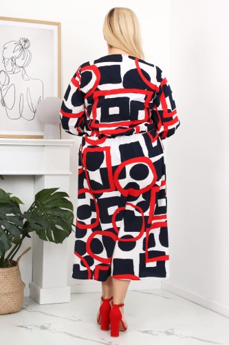Sukienka za kolano BETANY czerwone wzory geometryczne Plus Size 44 46 48 50 52