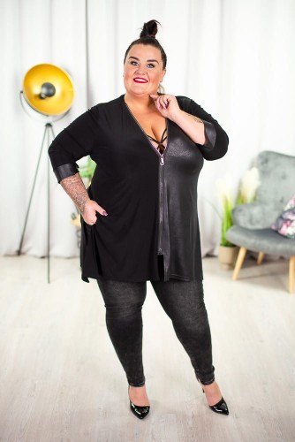 Trapezowa Tunika z ekoskórki MASUS czarna Plus Size 4648 50 52 54 56