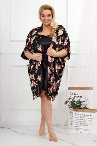 Satynowy Szlafrok AURORA wzór kwiatowy 44-52