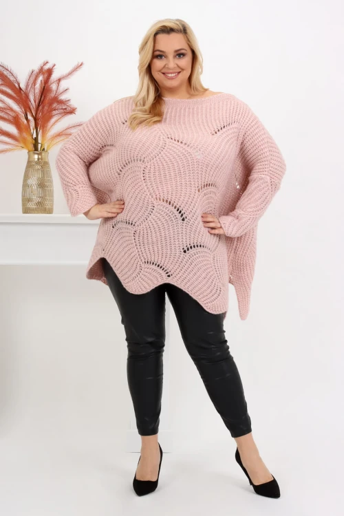 Ażurowy Sweter Oversize ELISE pudrowy Plus Size 46/54
