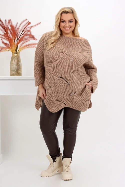 Ażurowy Sweter Oversize ELISE brąz Plus Size 46/54