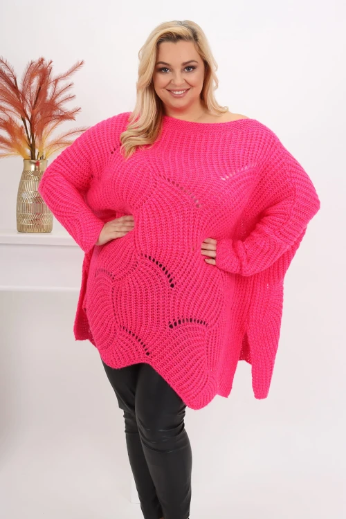 Ażurowy Sweter Oversize ELISE fuksja Plus Size 46/54
