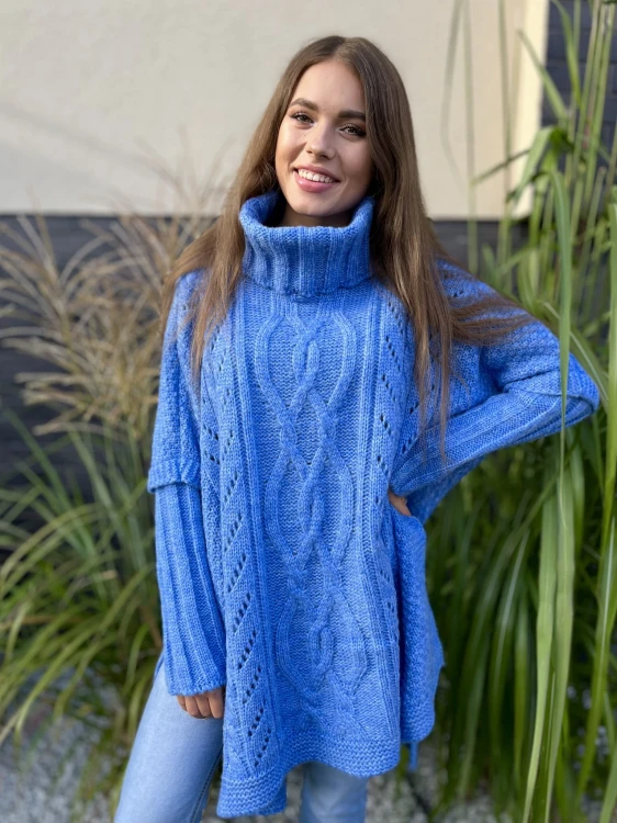 Ażurowy Sweter Golf Ponczo Oversize BELLA niebieski Plus Size 46/54