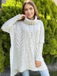 Ażurowy Sweter Golf Ponczo Oversize BELLA śmietanka Plus Size 46/54 
