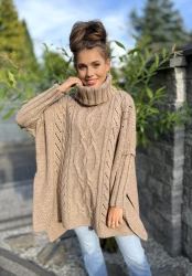 Ażurowy Sweter Golf Ponczo Oversize BELLA brąz Plus Size 46/54