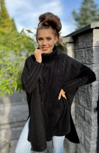 Ażurowy Sweter Golf Ponczo Oversize BELLA czarny Plus Size 46/54