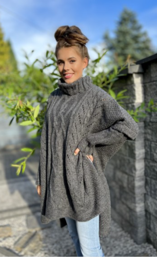 Ażurowy Sweter Golf Ponczo Oversize BELLA grafit Plus Size 46/54