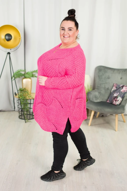 Ażurowy Sweter Oversize ELISE fuksja Plus Size 46/54