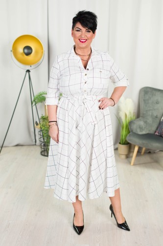Sukienka z paskiem ILONA śmietankowa w kratę Plus Size 44-52