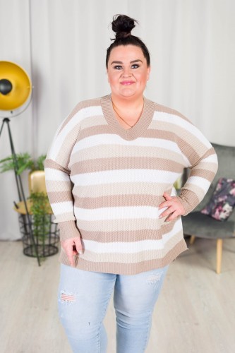Sweter Oversize w pasy LENA biały-bież Plus Size 46/54