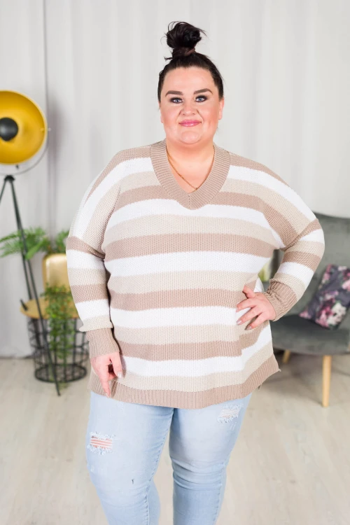 Sweter Oversize w pasy LENA biały-bież Plus Size 46/54