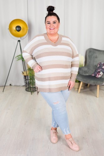 Sweter Oversize w pasy LENA biały-bież Plus Size 46/54