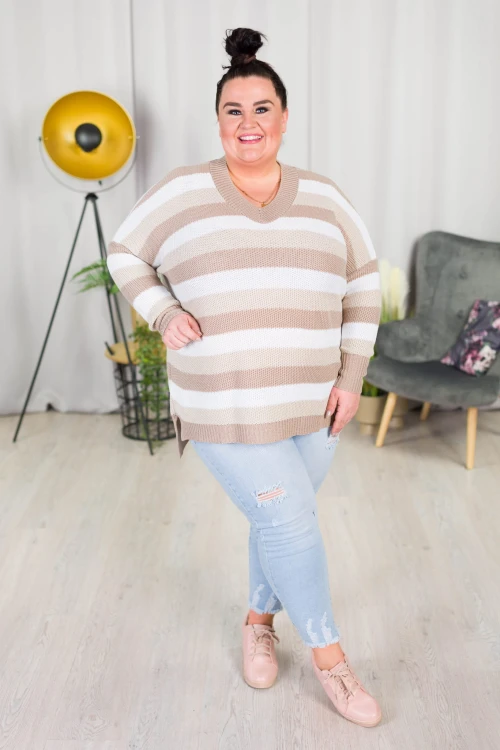 Sweter Oversize w pasy LENA biały-bież Plus Size 46/54