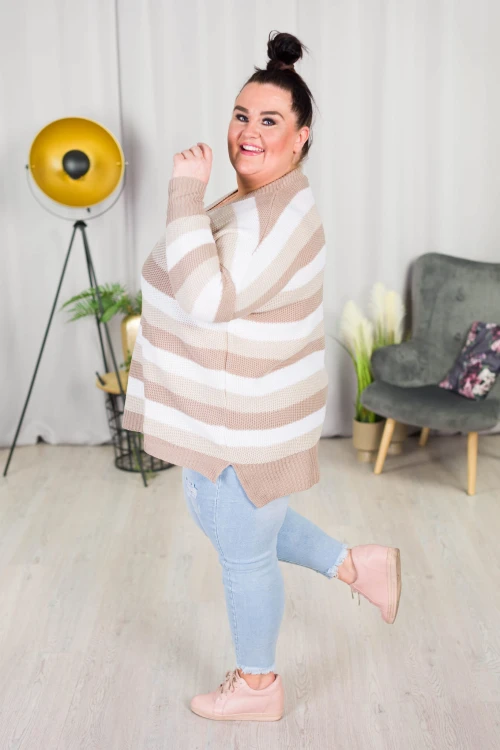Sweter Oversize w pasy LENA biały-bież Plus Size 46/54