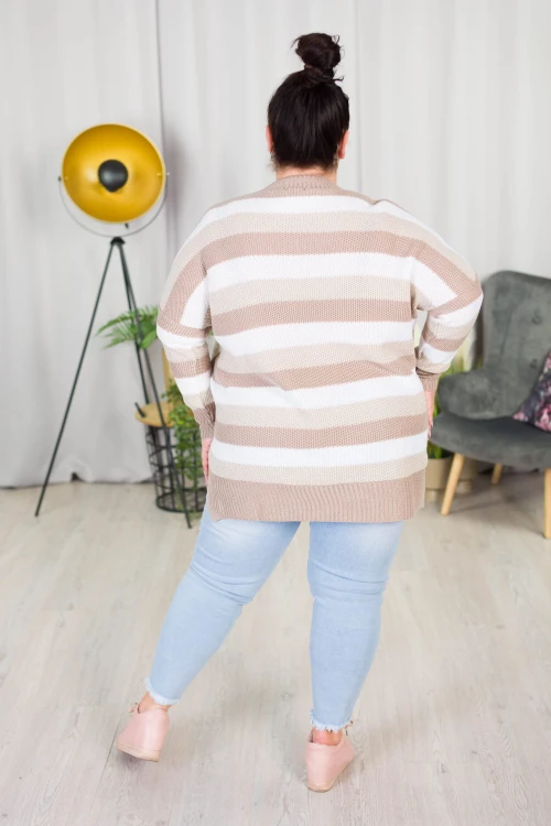 Sweter Oversize w pasy LENA biały-bież Plus Size 46/54